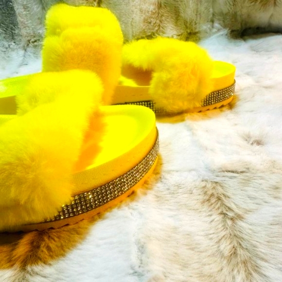 Mata Yellow Faux Fur Furry Double Strap Slide In Sandals - Picture 6 of 8